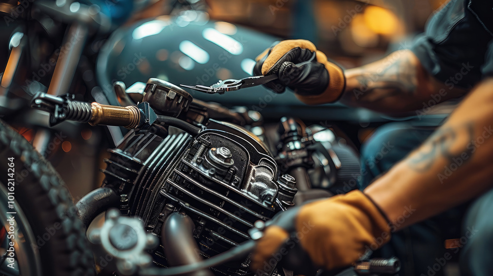 Poster a mechanic inspecting a motorcycle engine with tools in hand emphasizing maintenance check.