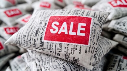 Vintage newspaper collage in black and white with red SALE stamps scattered for a retro Black Friday theme 