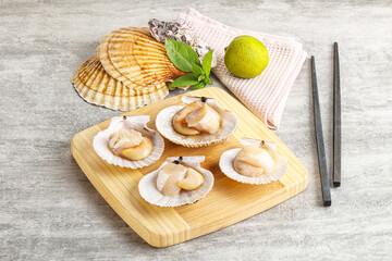 Raw natural scallop in its shell