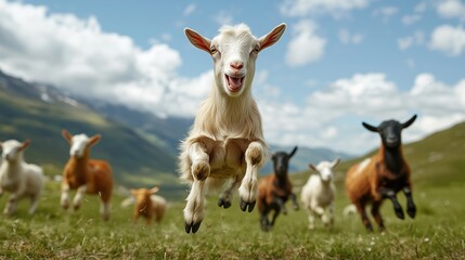 Obraz premium A herd of brown goats graze on a lush green meadow under a clear blue sky