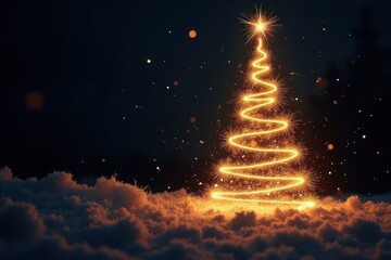 Christmas tree from glow luminous zigzag ribbon on festive bokeh black background