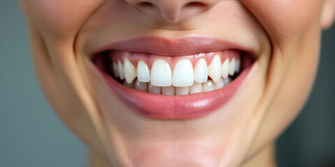 Fototapeta premium Close-up of a smiling woman's mouth with open lips and visible white healthy teeth. The concept of dental treatment and hygiene. Generative AI