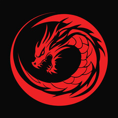 Fierce Red Dragon in Circular Design with Bold Black and Red Contrast in Vector Art Style