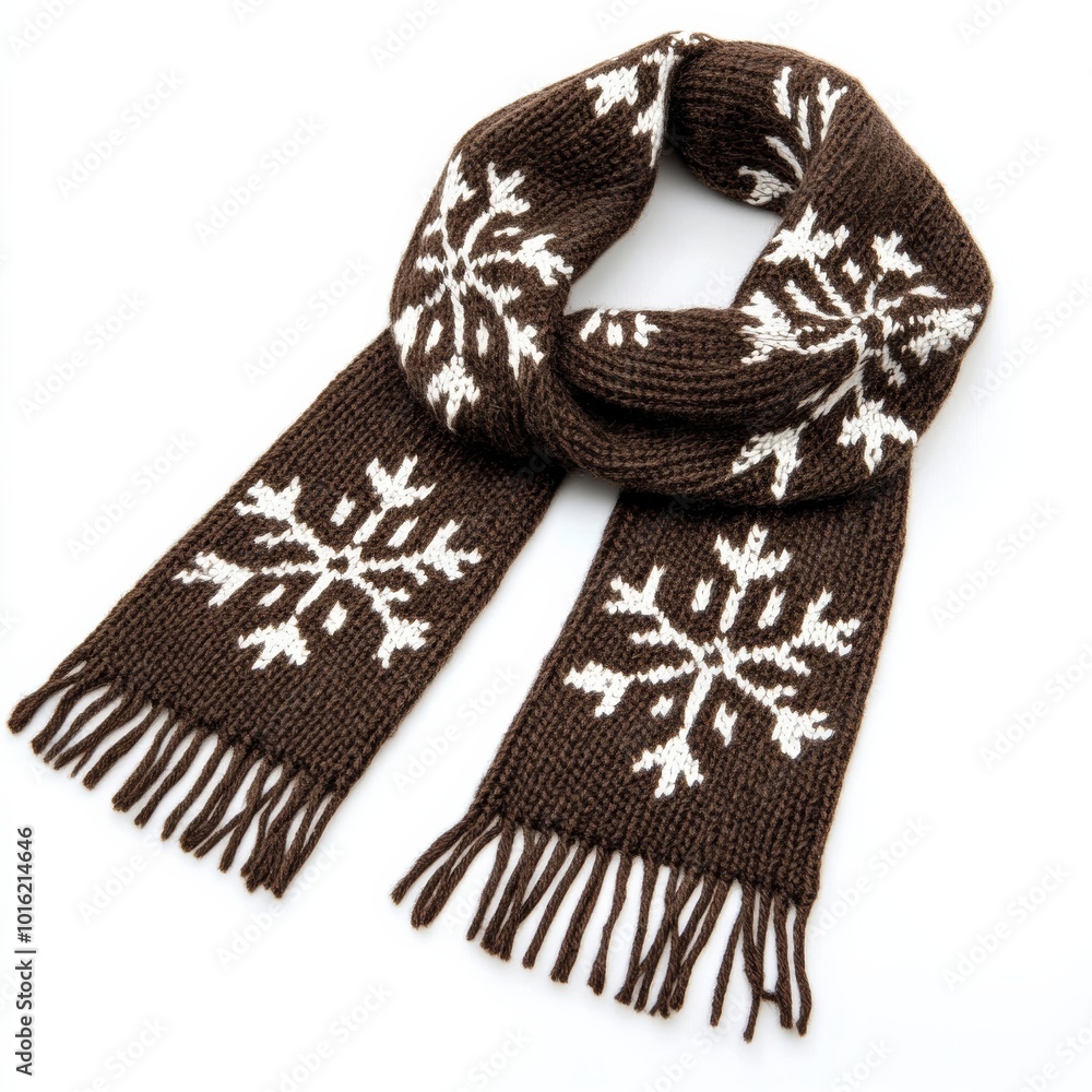Poster warm woolen scarf with intricate snowflake pattern and fringed edges isolated on white background
