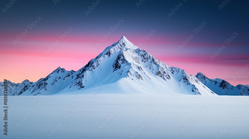 Poster wide snowy mountain landscape with sharp peaks and a soft gradient sky transitioning from blue to pi