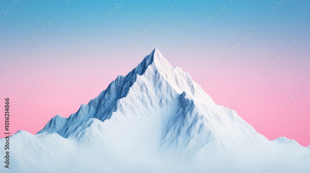 Poster wide snowy mountain landscape with sharp peaks and a soft gradient sky transitioning from blue to pi