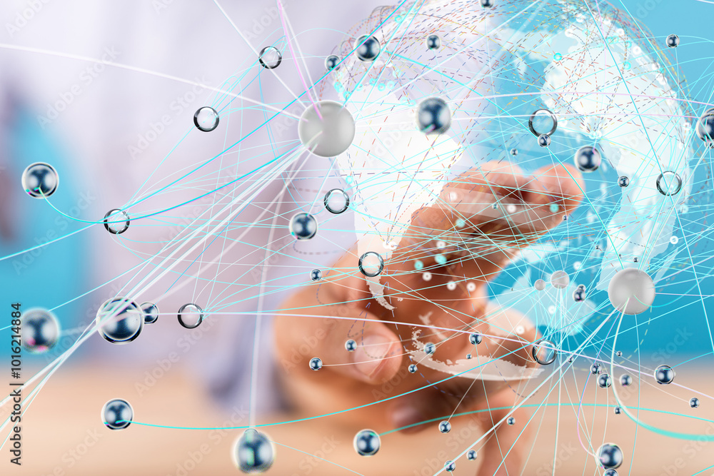 Aufkleber Global network. Blockchain. 3D illustration. Neural networks and artificial intelligence. Abstract