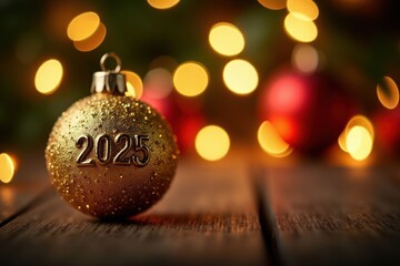 New Year's golden toy ball with the lettering number "2025" with Christmas tree and festive bokeh background