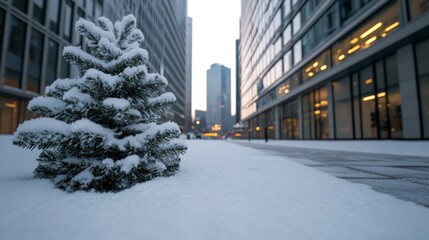 Fototapeta premium Winter city plaza with snow-dusted trees, holiday decorations, and modern buildings rising in the background 