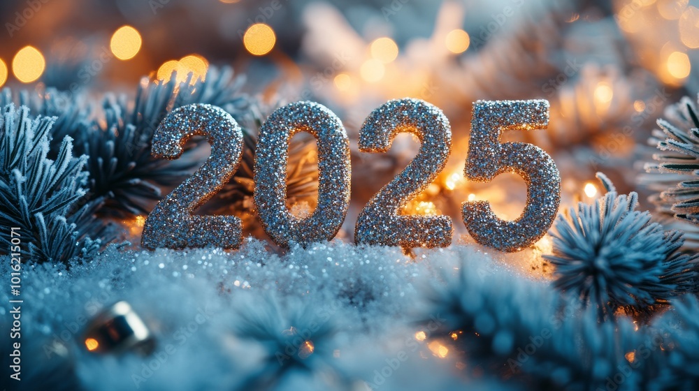 Poster celebratory snowflake patterns with sparkling numbers marking the arrival of the new year 2025
