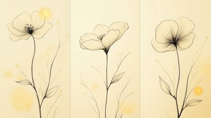 Naklejka premium Three delicate line drawings of flowers against a soft beige background with golden circles
