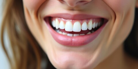 Close-up of a smiling woman's mouth with open lips and visible white healthy teeth. The concept of dental treatment and hygiene. Generative AI