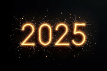Golden lettering "2025" on black background with glow bokeh dots and stars