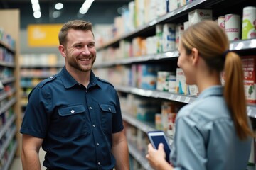 Young smiling man is a uniformed salesman helps the buyer in a supermarket next to shelves with goods