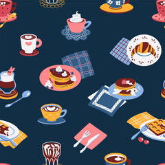 Abstract seamless pattern sweet breakfast. Pancakes with berries on plate, cup of hot and cold coffee. Vector illustration.