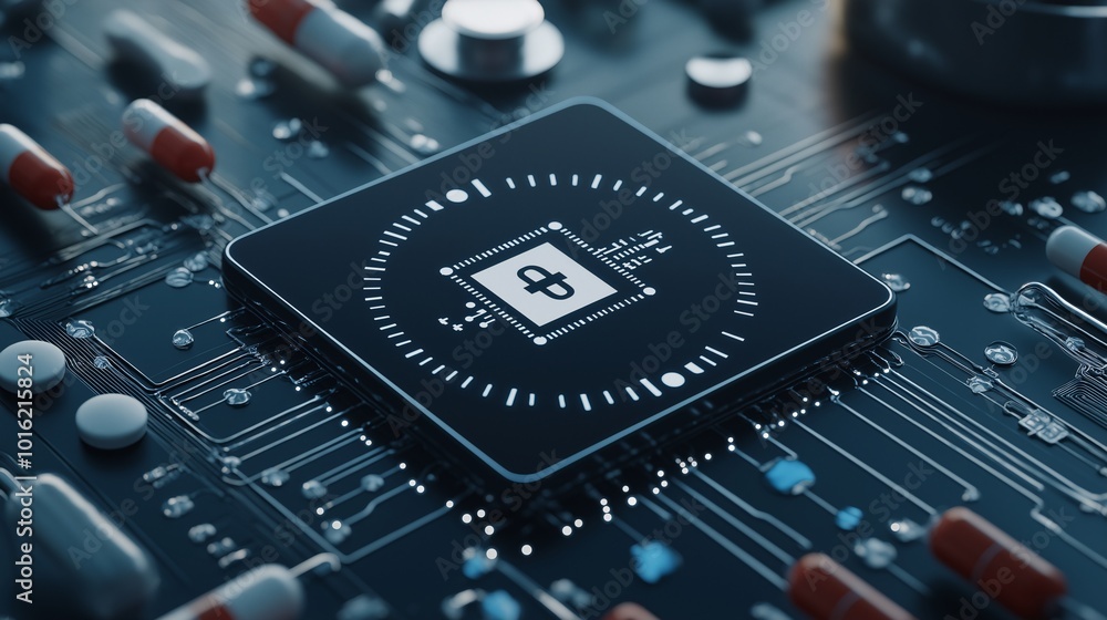 Poster microchip on circuit board with pill capsules