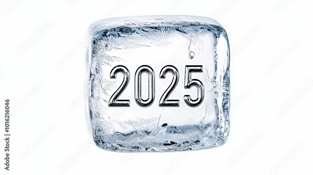 Poster a clear ice cube engraved with the year 2025, symbolizing the arrival of a new year and the promise 