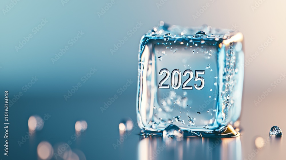 Poster ice cube with the year 2025 embedded, reflecting light in a soft, atmospheric setting