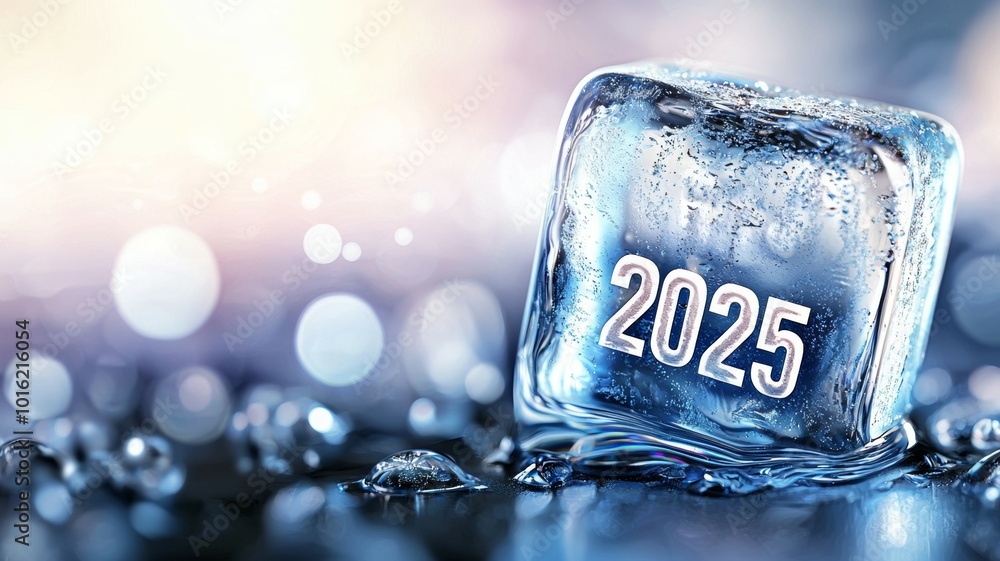 Aufkleber a block of ice representing the year 2025 with soft bokeh background in a bright and cool aesthetic 