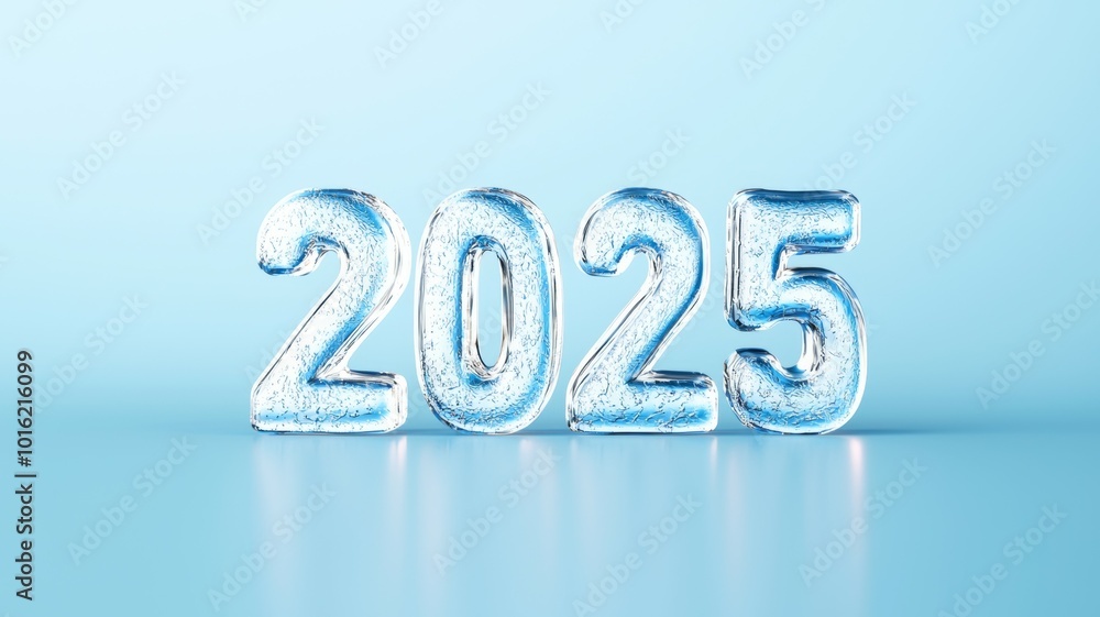 Poster crystal clear ice numbers representing the year 2025 against a light blue background in a minimalist