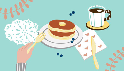 Sweet breakfast. Pancakes with berries on plate, cup of coffee. Colorful, bright design. 

