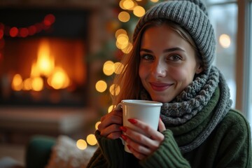Young smiling woman in knitted hat and sweater drinks drink from mug on the background of Christmas tree
