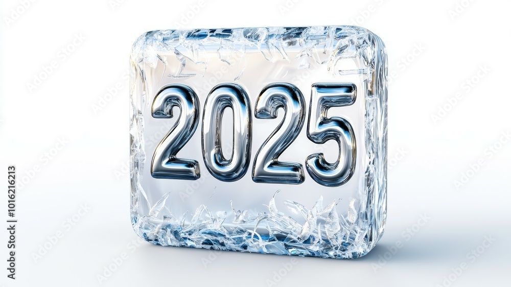 Poster frozen block displaying the year 2025 symbolizes future hopes and aspirations in a striking blend of
