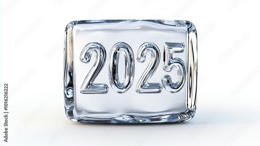 Poster glimmering ice block with the year 2025 carved on its surface resting on a smooth background