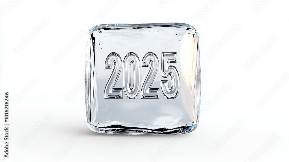 Poster 2025 carved in ice symbolizes the new year, showcasing a clear cube with bold numbers in a bright se