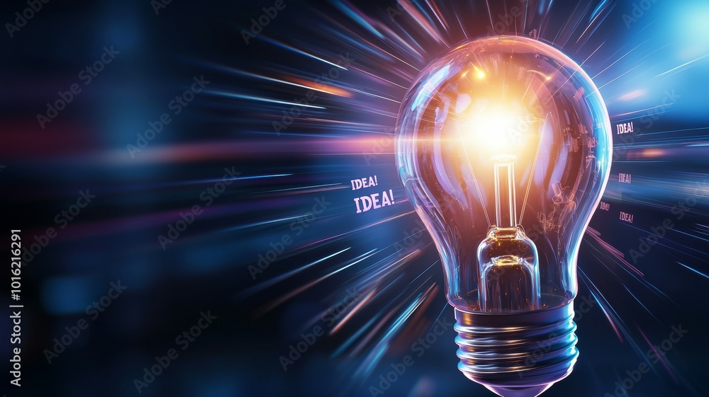 Poster bright light bulb illuminating the word 'ideal' with colorful rays in an artistic representation of 