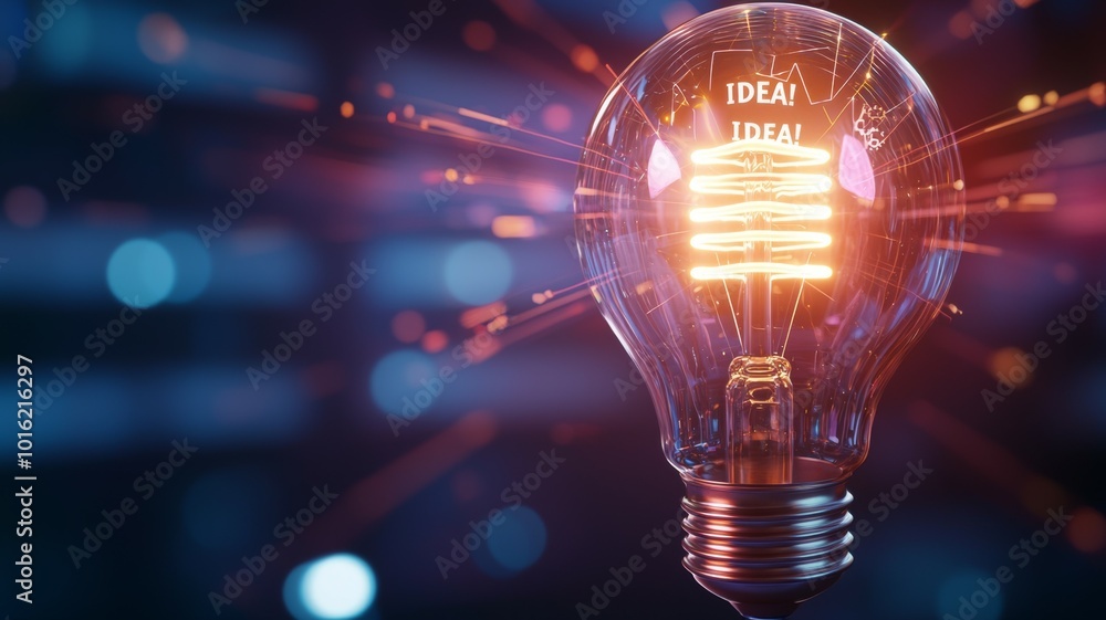 Poster a glowing light bulb illuminating the word ideal against a colorful background in a creative workspa