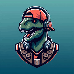 A vibrant, cartoon-style dinosaur wearing headphones and a cap, combining elements of hip-hop culture and Jurassic themes.