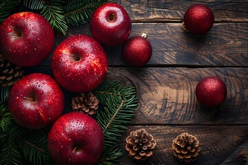 Festive Holiday Arrangement with Red Apples and Christmas Decorations on Rustic Wooden Background