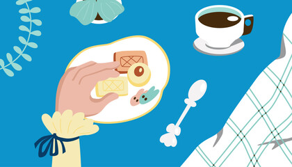 Sweet breakfast.  Top view of hands eating breakfast flat vector illustration. Breakfast hand drawn doodle icons. Food and drink. Colorful, bright design. 