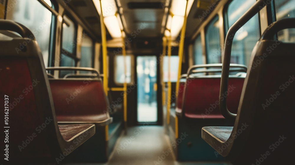 Poster empty bus interior with empty seats and soft lighting