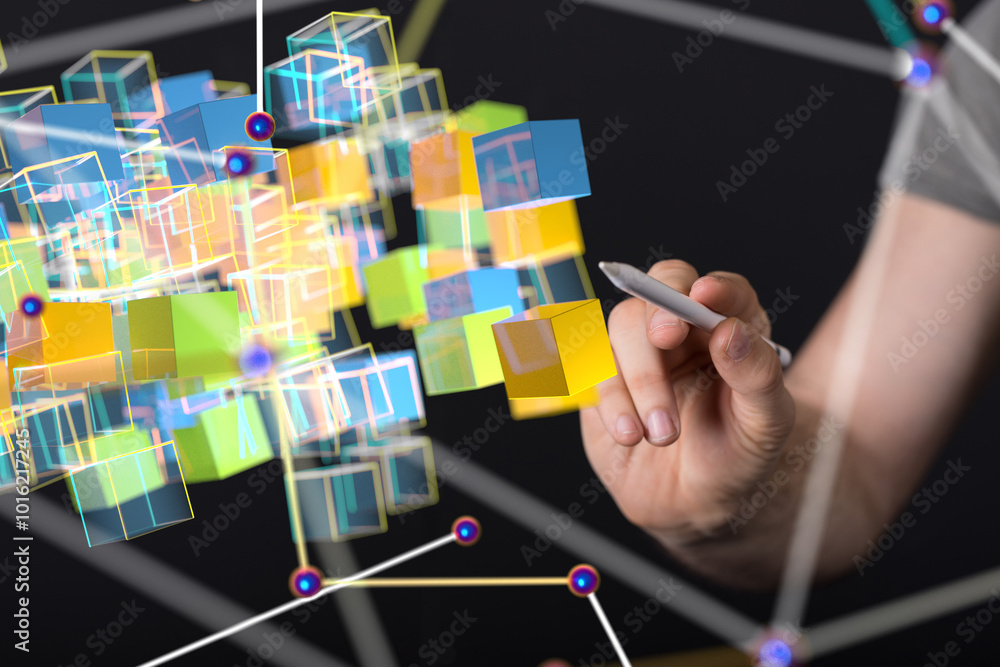 Poster Neural network 3D illustration. Big data and cybersecurity
