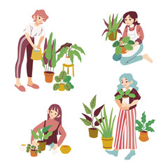 Beautiful girl taking care of plants. Plants growing in pots. Collection with plant ladies illustrations isolated on a white background.