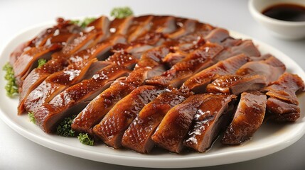 A large plate of Peking duck, oval plate covered with plenty of crispy and shiny roast duck skin.