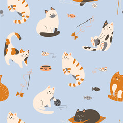 Cute seamless pattern with cats in doodle style. Hand drawn vector illustration.