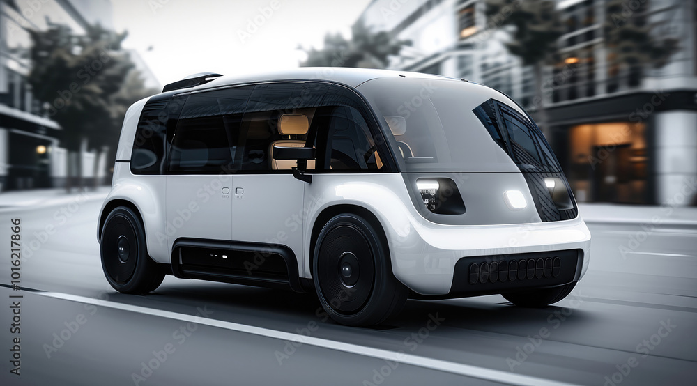 Poster a white and black compact electric vehicle with minimalistic features including led headlights on th
