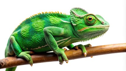 green chameleon on branch isolated on white background