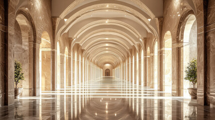 Naklejka premium An opulent hallway stretches infinitely, adorned with polished marble floors and sophisticated arches, exuding luxury and timeless elegance appealing to the eye.