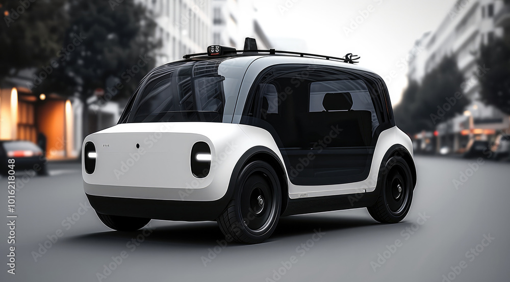 Poster a white and black compact electric vehicle with minimalistic features including led headlights on th