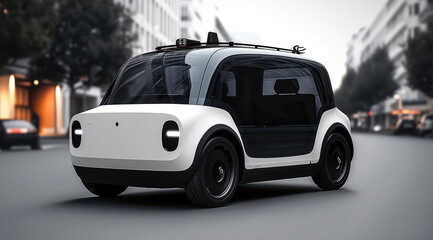 Naklejka premium A white and black compact electric vehicle with minimalistic features including LED headlights on the front window.