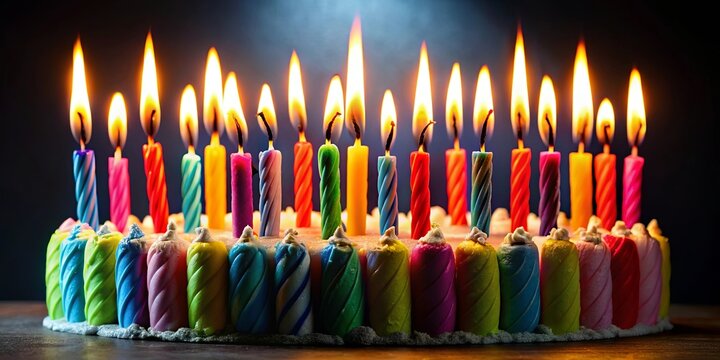 A festive celebration with a cake adorned with colorful spiral candles, symbolizing a joyous occasion of marking a special milestone.