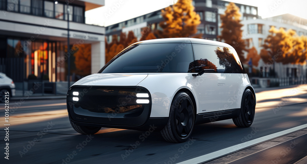 Poster a white and black compact electric vehicle with minimalistic features including led headlights on th