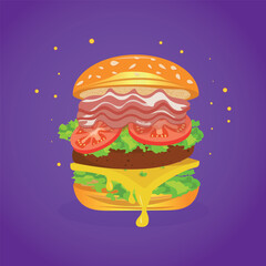  Burger with cutlet, cheese, tomato and herbs, vector illustration