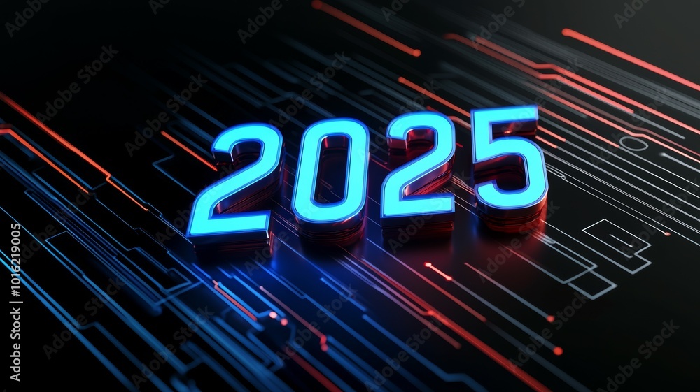 Poster a futuristic digital representation of the year 2025 featuring glowing blue numbers against a backdr