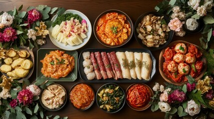 Fototapeta premium Traditional Seollal Feast with Various Dishes and Decorations