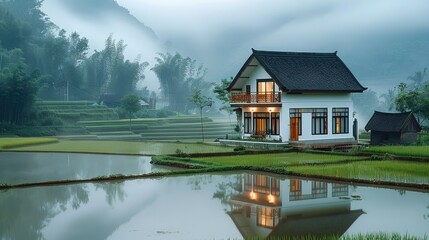 Fototapeta premium Luxurious house on the water small and compact back surrounded by lush green rice fields in front of the house there is a bamboo terrace.